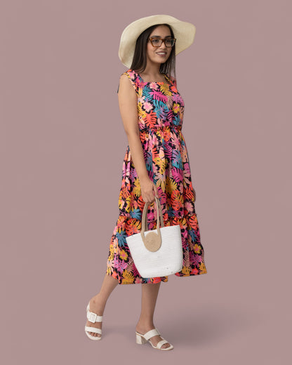 Colorful Floral Sleeveless Midi Dress