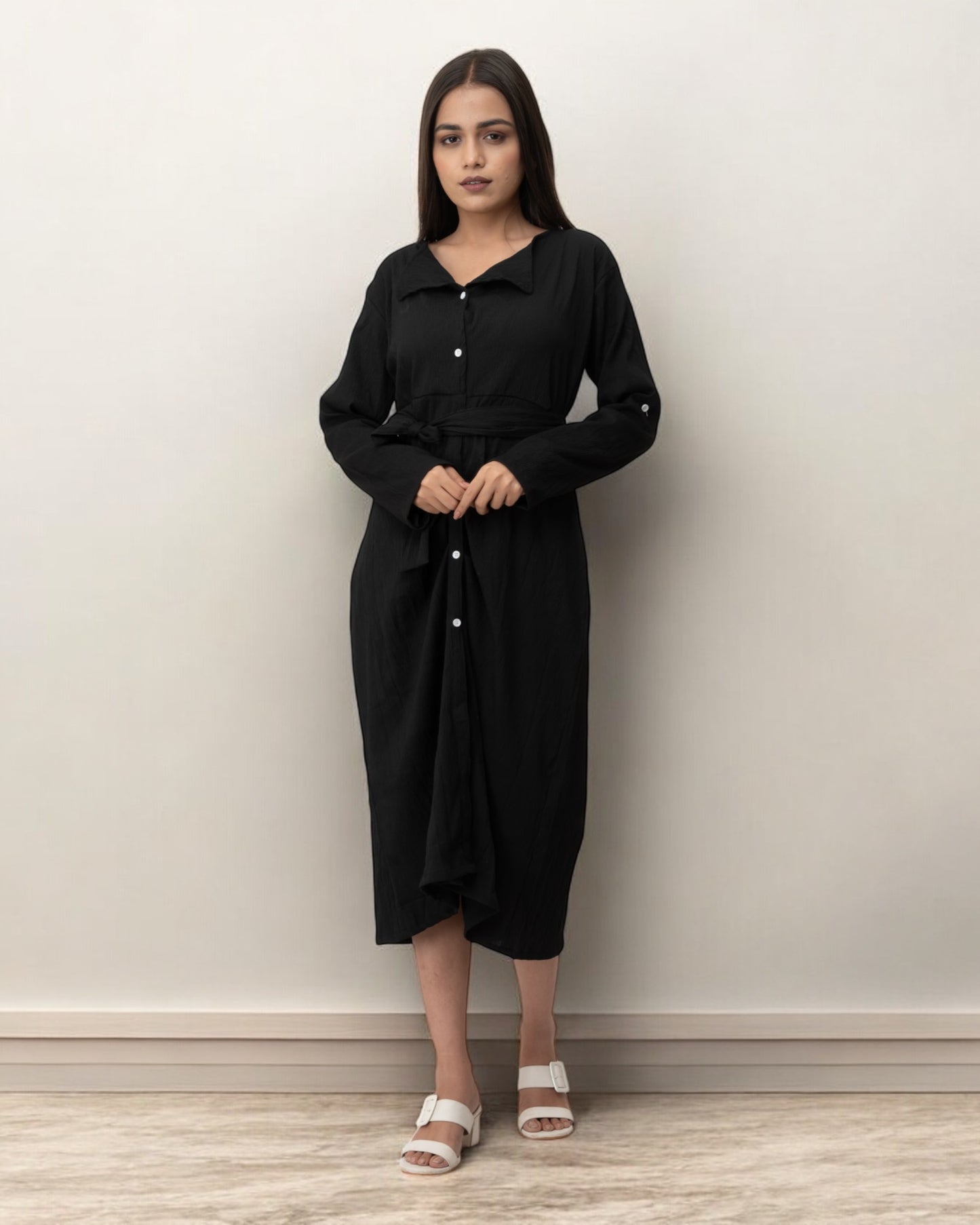 Black Ruffle Cute Belted Shirt Dress