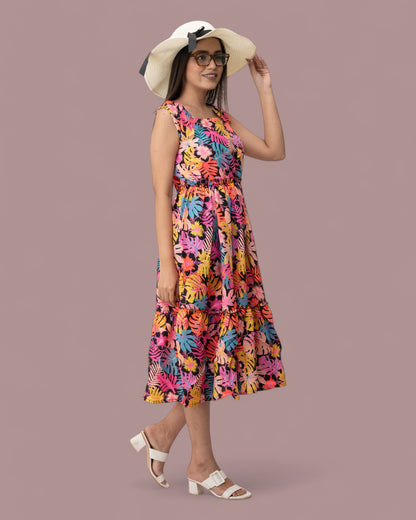 Colorful Floral Sleeveless Midi Dress