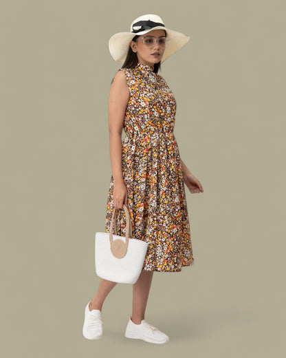 Printed Floral Sleeveless Midi Dress