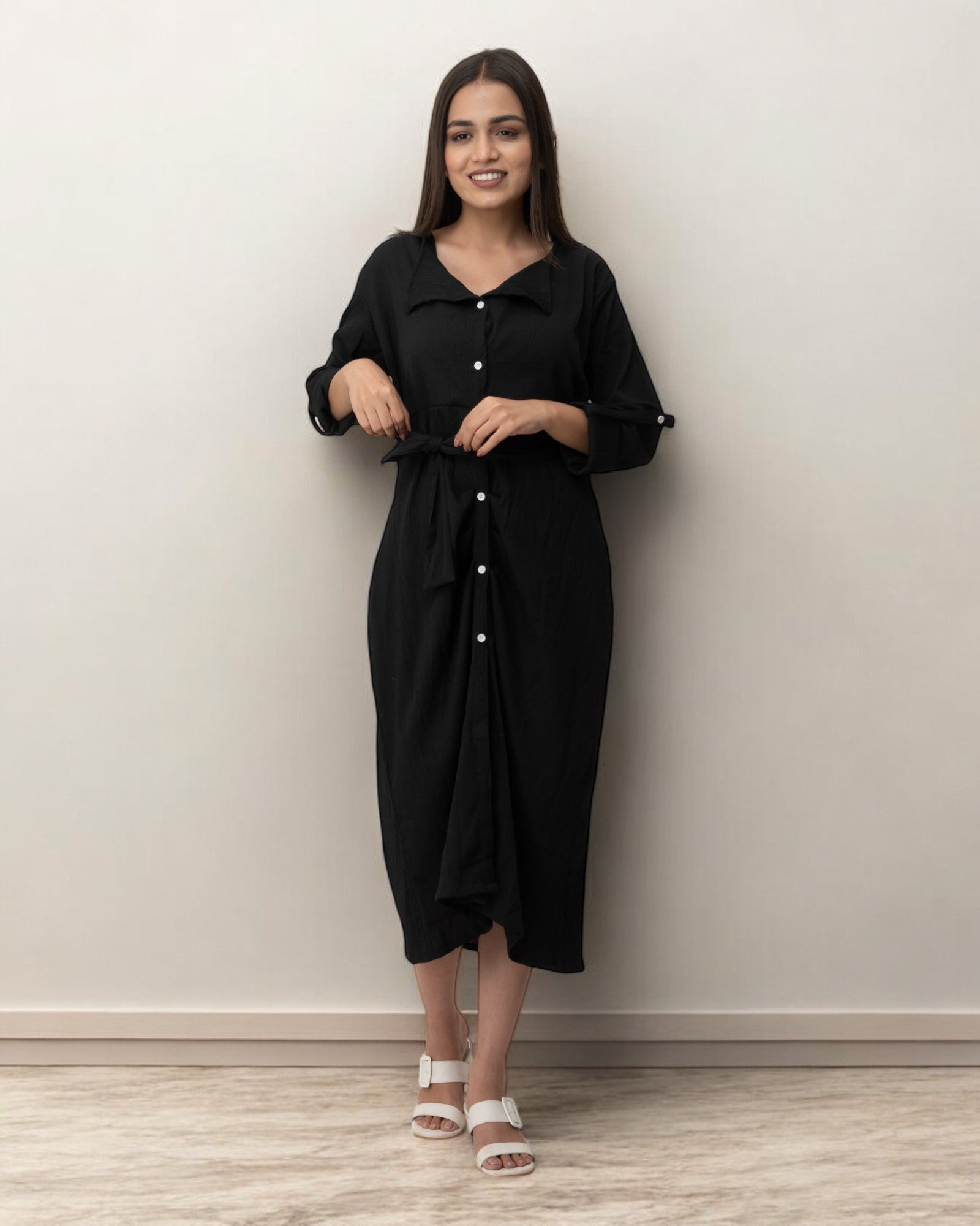 Black Ruffle Cute Belted Shirt Dress