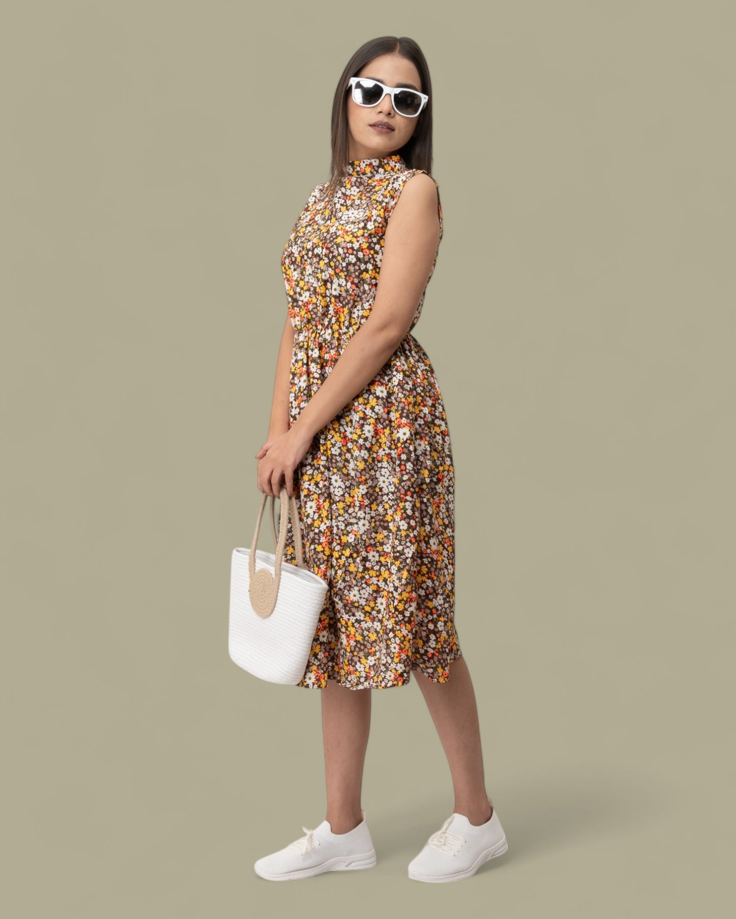 Printed Floral Sleeveless Midi Dress