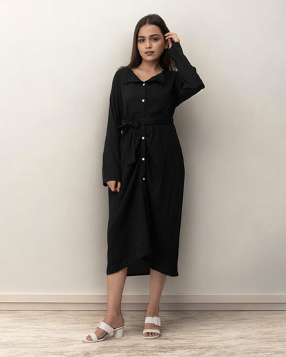 Black Ruffle Cute Belted Shirt Dress