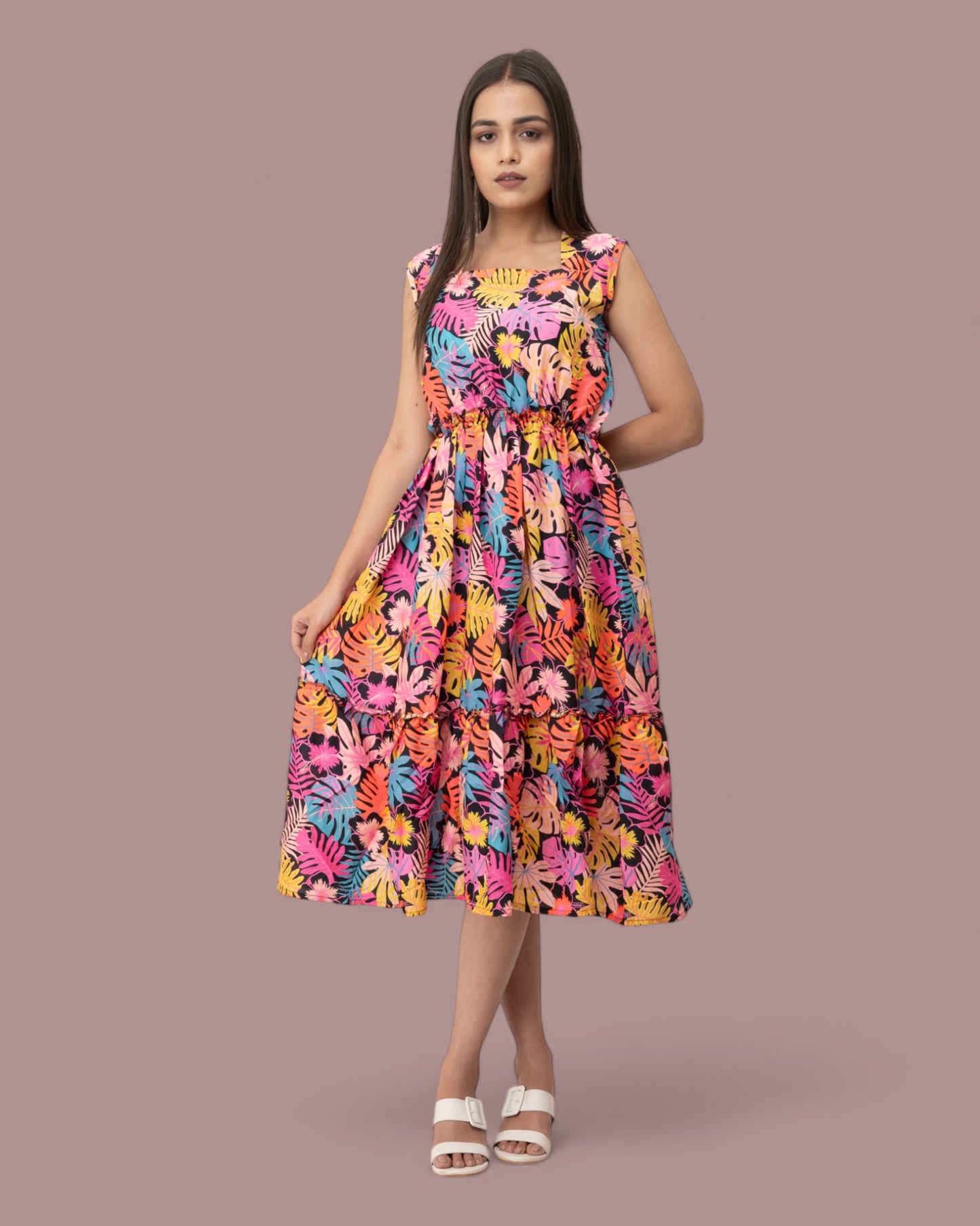 Colorful Floral Sleeveless Midi Dress