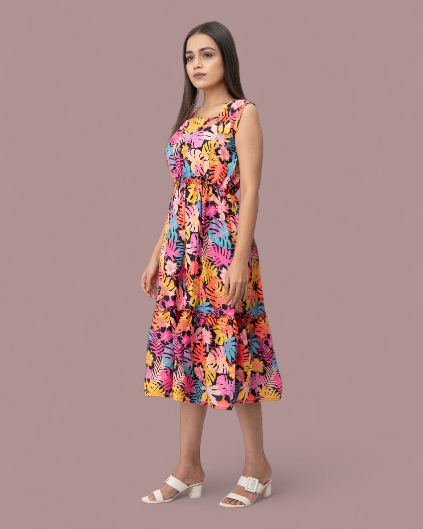 Colorful Floral Sleeveless Midi Dress