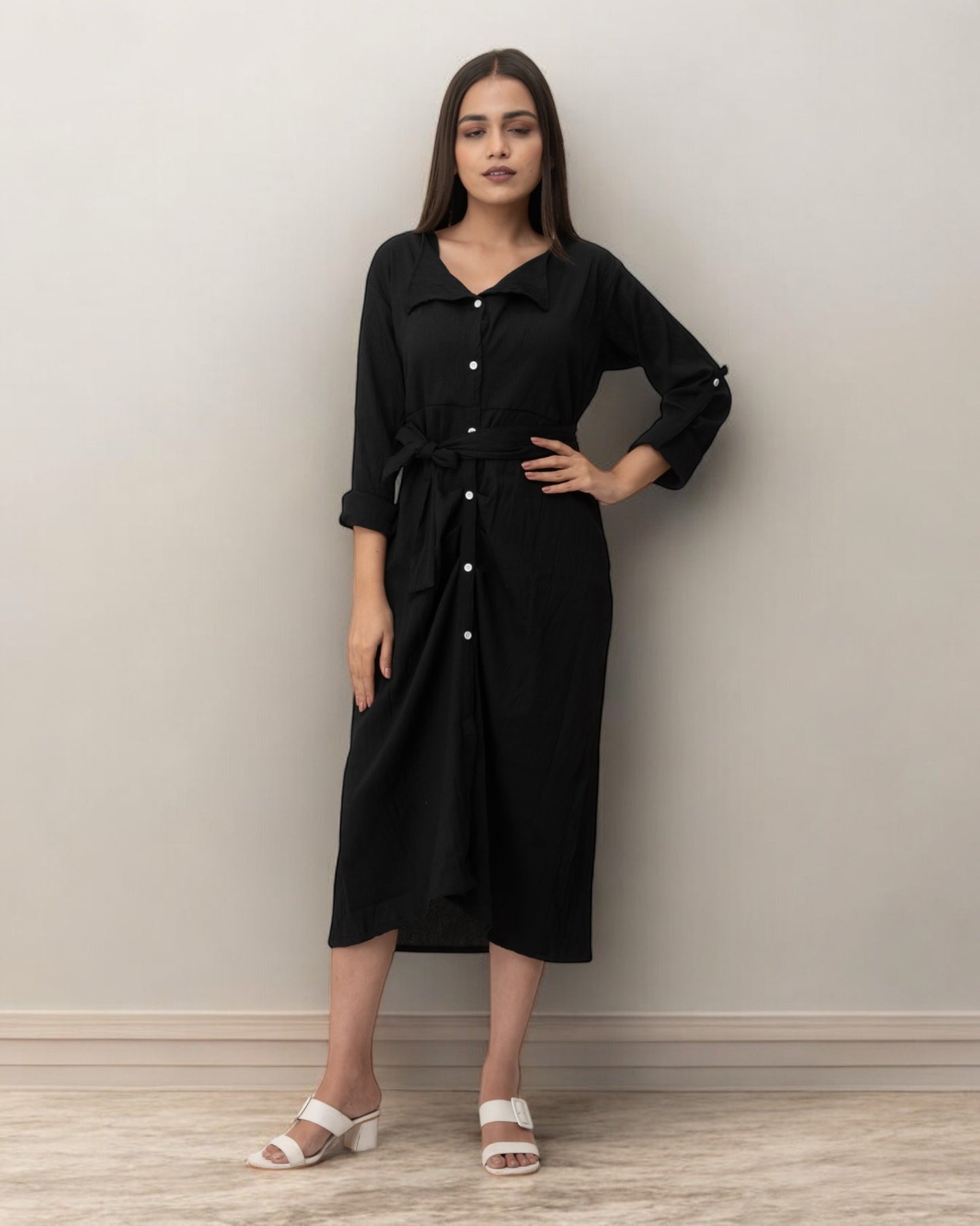 Black Ruffle Cute Belted Shirt Dress