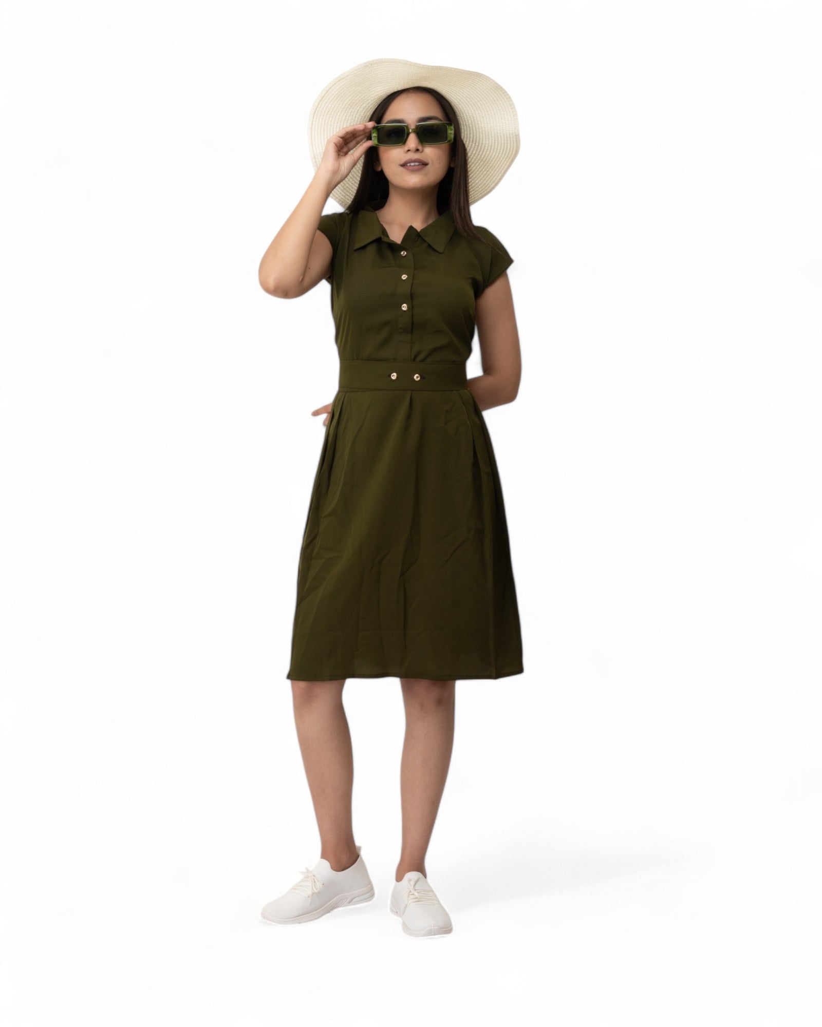 Green Belted Stylish Midi Dress