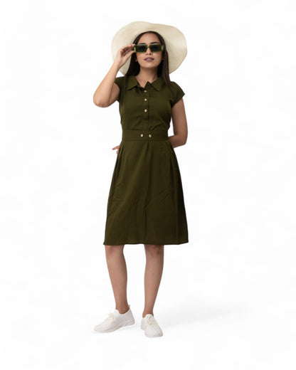 Green Belted Stylish Midi Dress