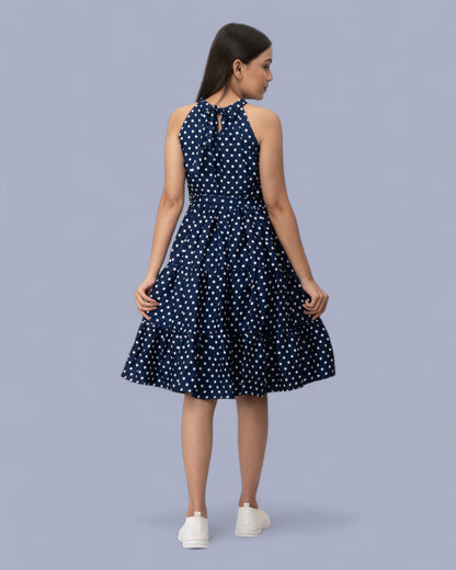 Navy Blue Sleeveless Polka Dots Midi Dress