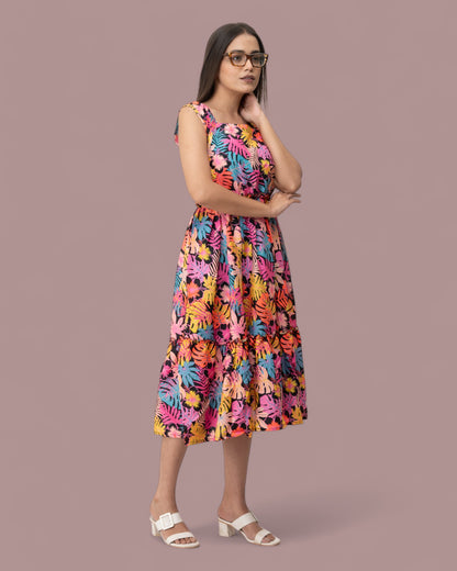 Colorful Floral Sleeveless Midi Dress