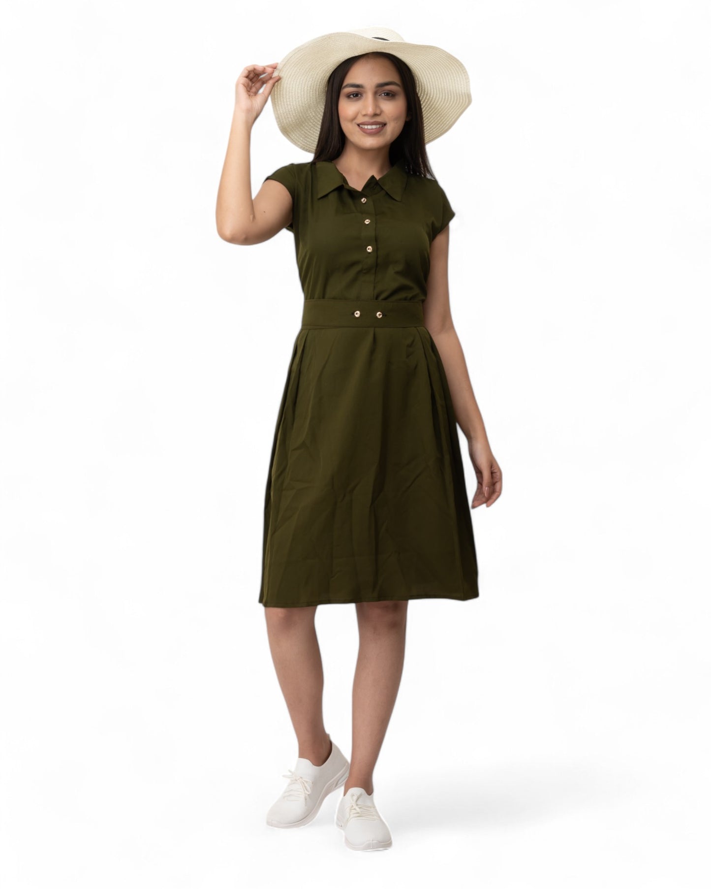 Green Belted Stylish Midi Dress