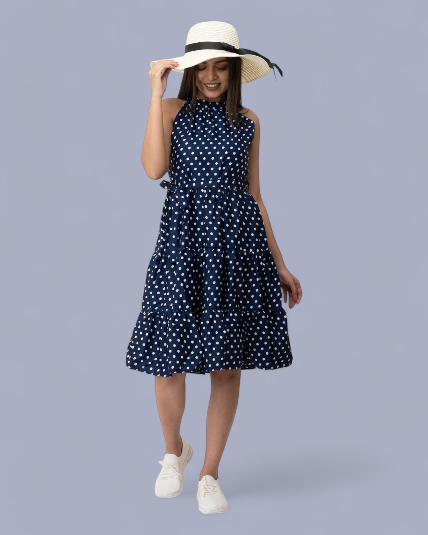 Navy Blue Sleeveless Polka Dots Midi Dress