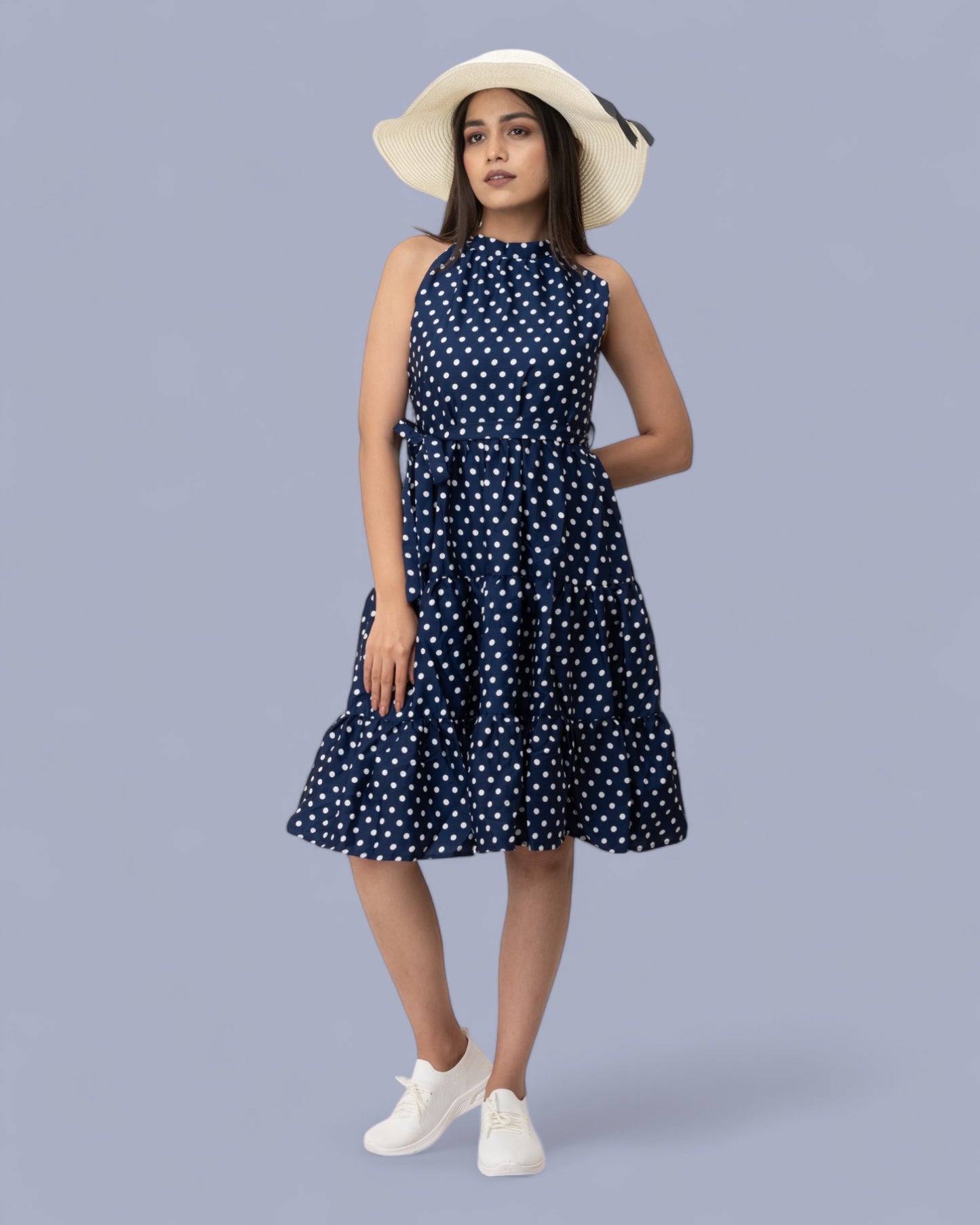 Navy Blue Sleeveless Polka Dots Midi Dress