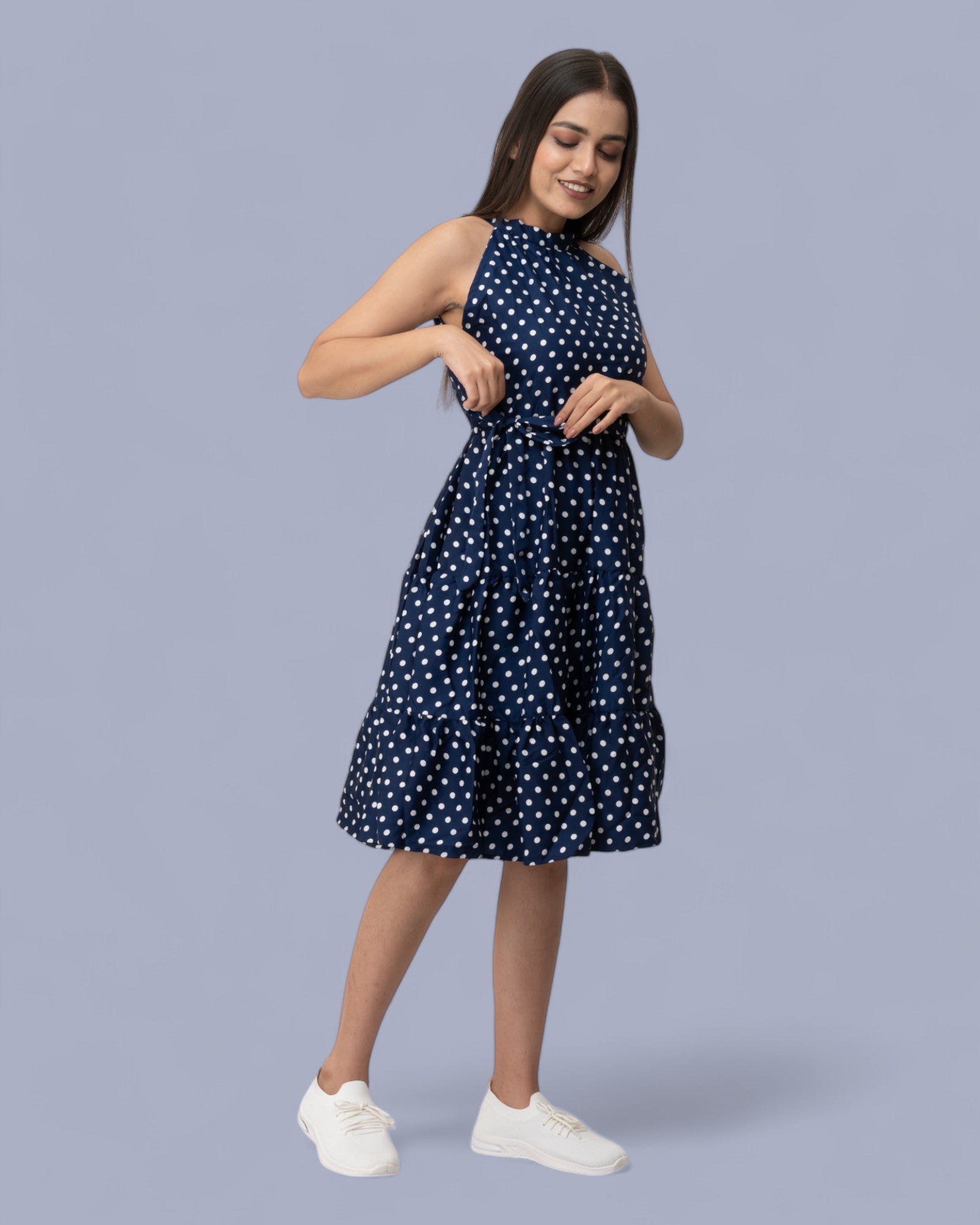 Navy Blue Sleeveless Polka Dots Midi Dress