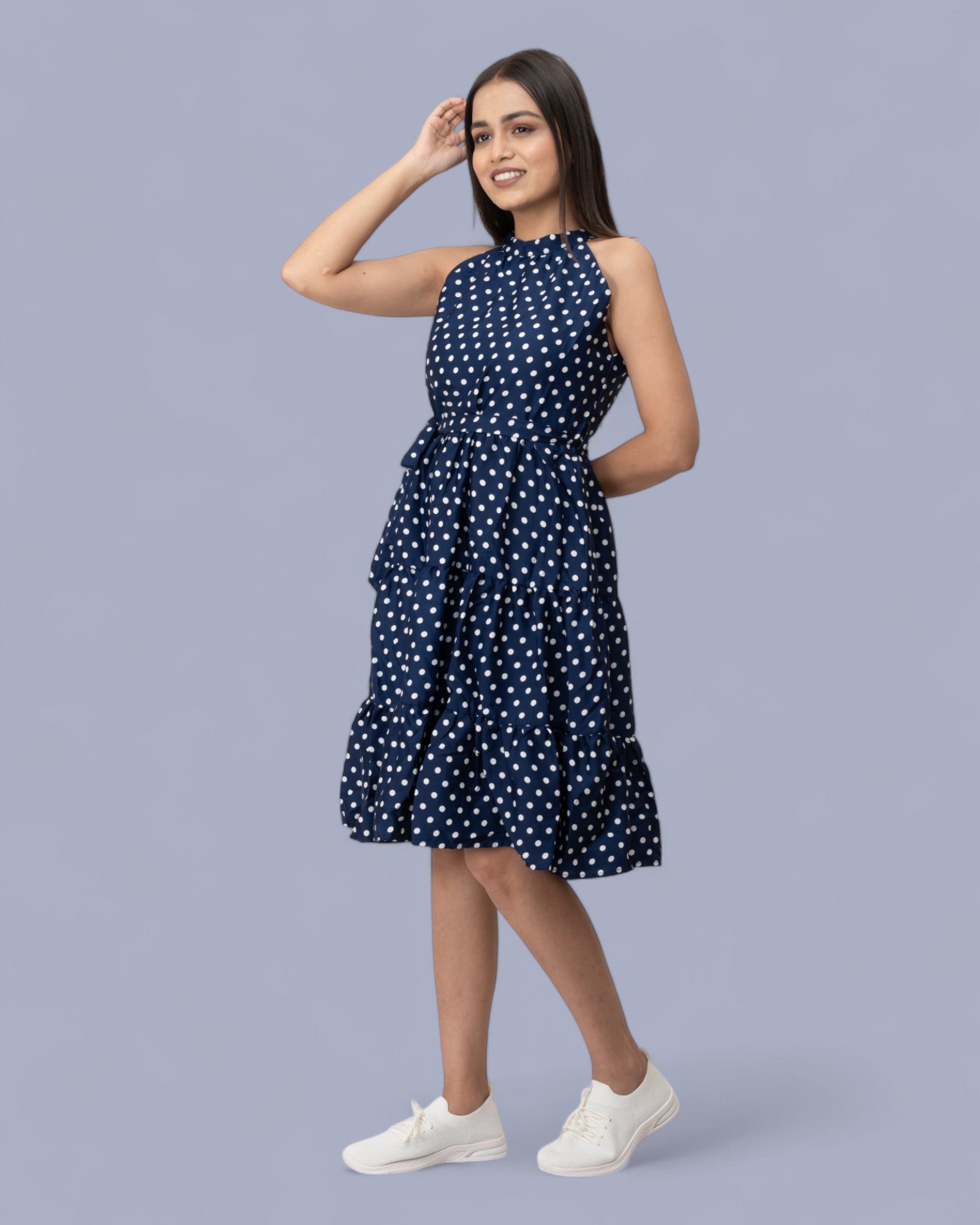 Navy Blue Sleeveless Polka Dots Midi Dress