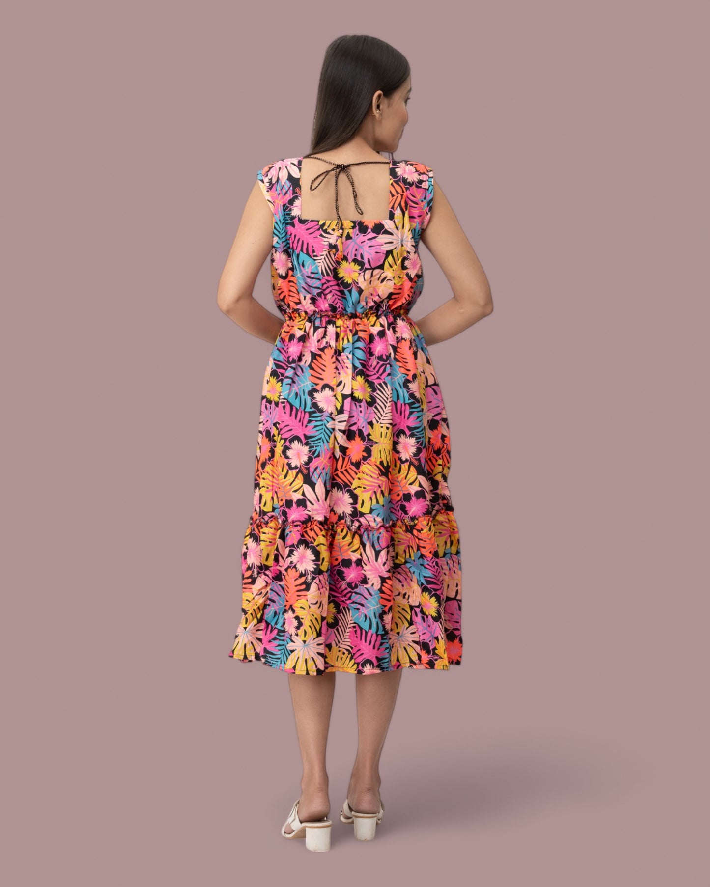 Colorful Floral Sleeveless Midi Dress