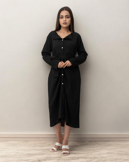 Black Ruffle Cute Belted Shirt Dress