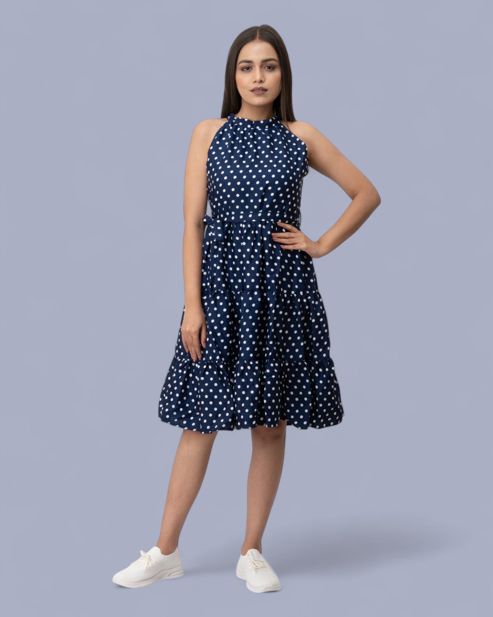 Navy Blue Sleeveless Polka Dots Midi Dress