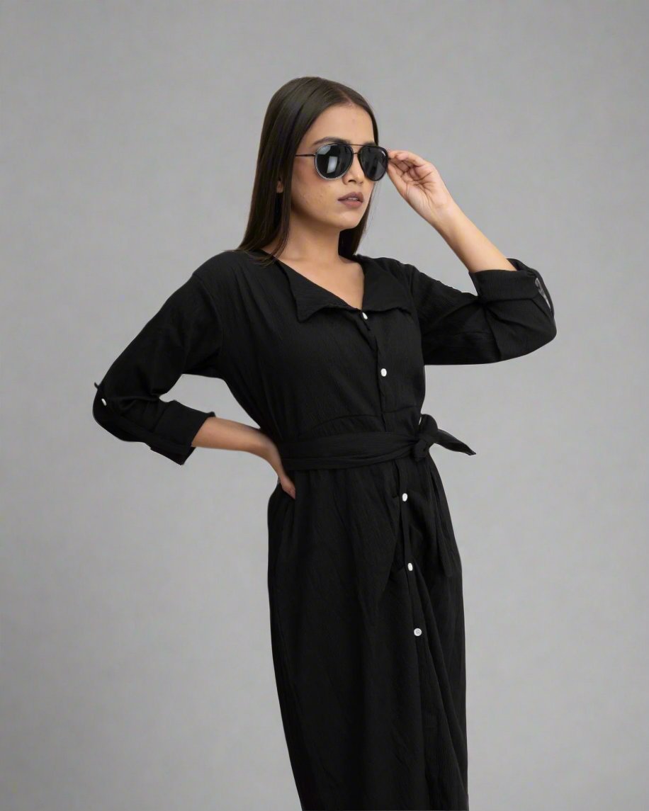 Black Ruffle Cute Belted Shirt Dress