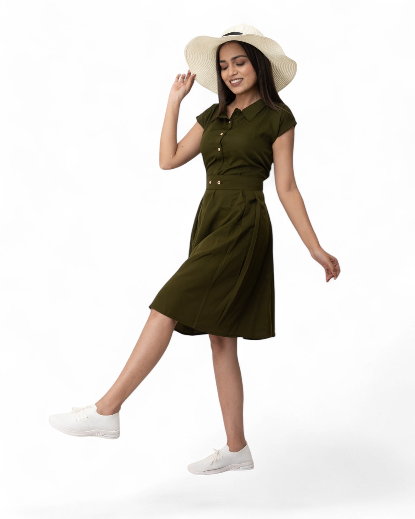 Green Belted Stylish Midi Dress