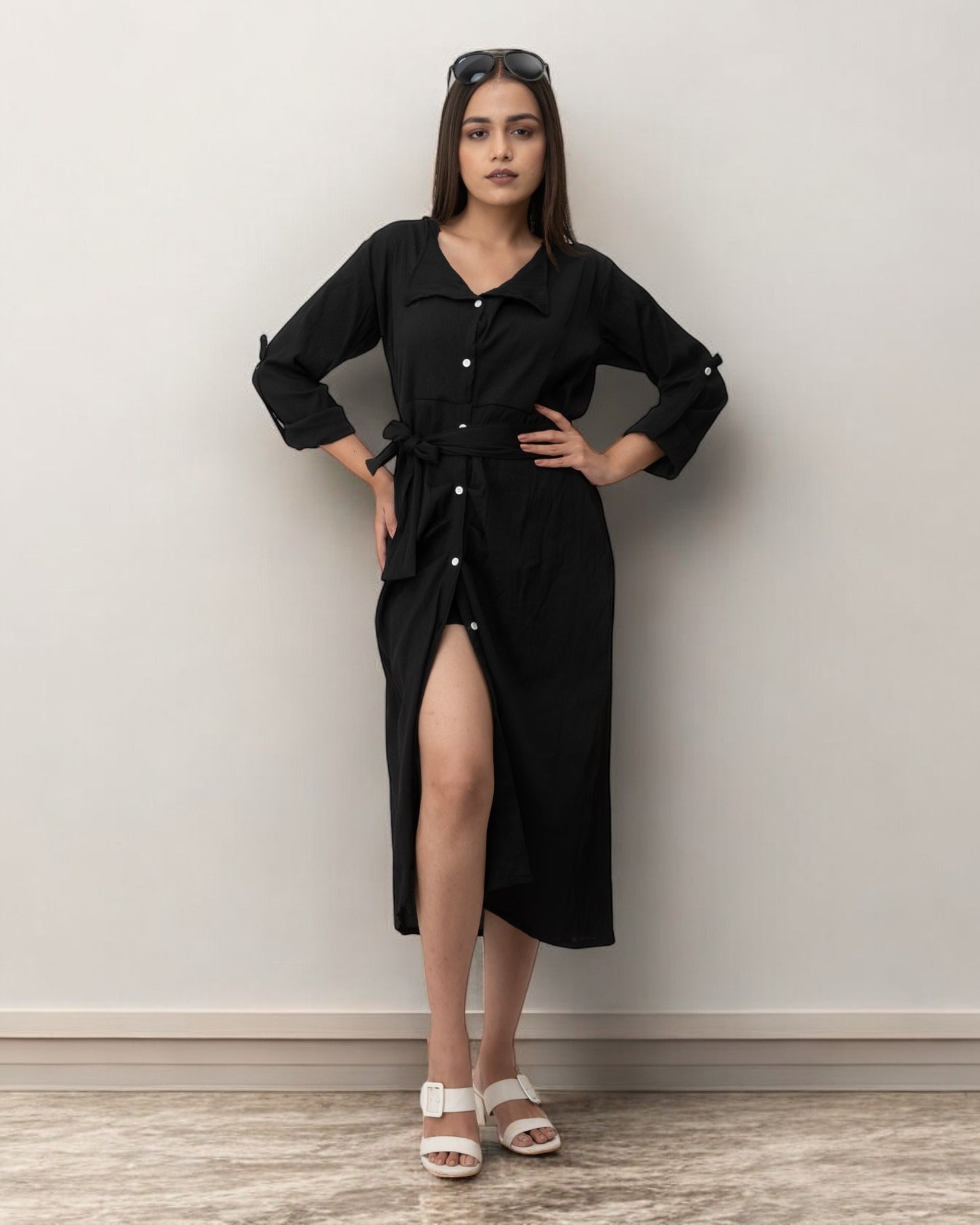 Black Ruffle Cute Belted Shirt Dress