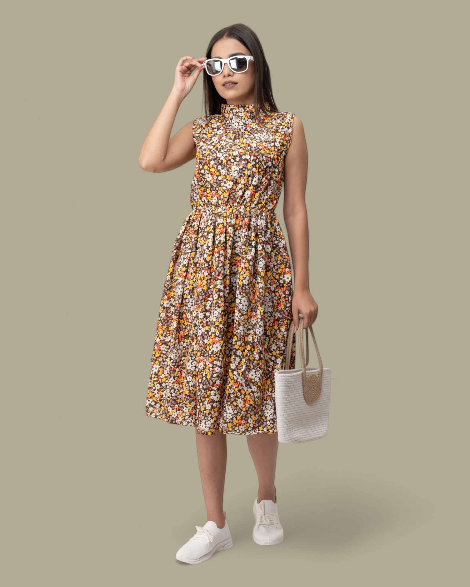 Colorful Floral Sleeveless Midi Dress