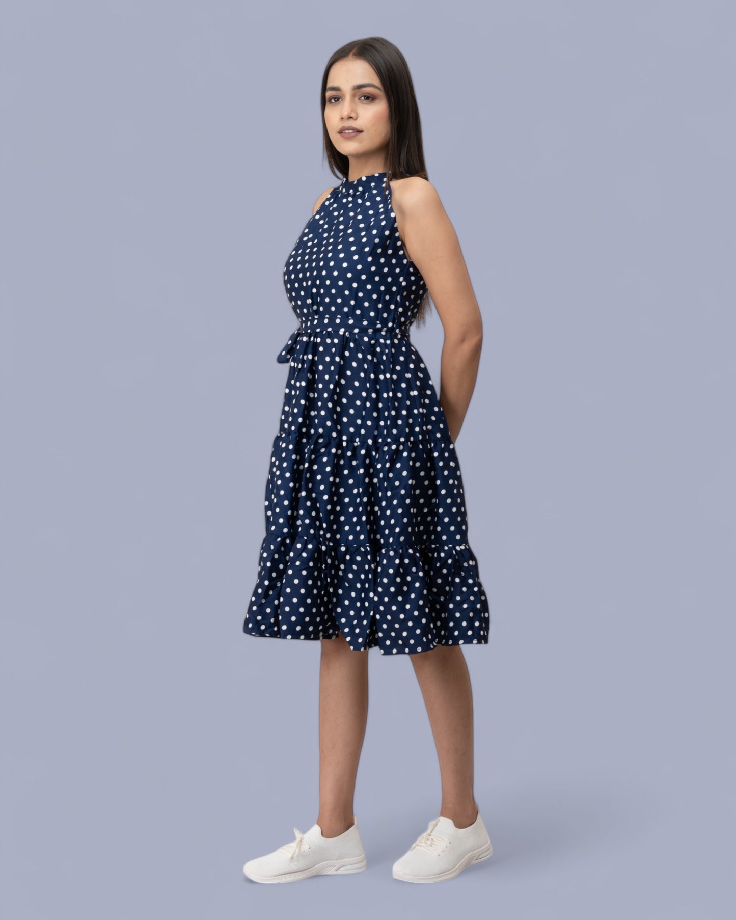 Navy Blue Sleeveless Polka Dots Midi Dress