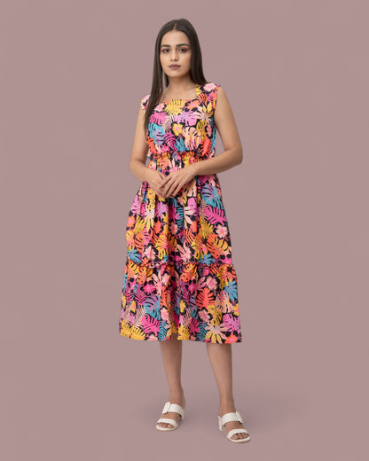 Colorful Floral Sleeveless Midi Dress