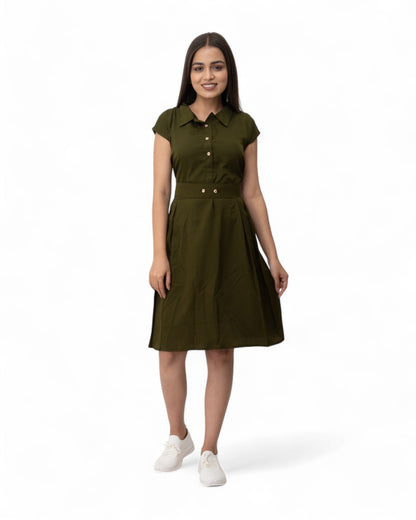 Green Belted Stylish Midi Dress