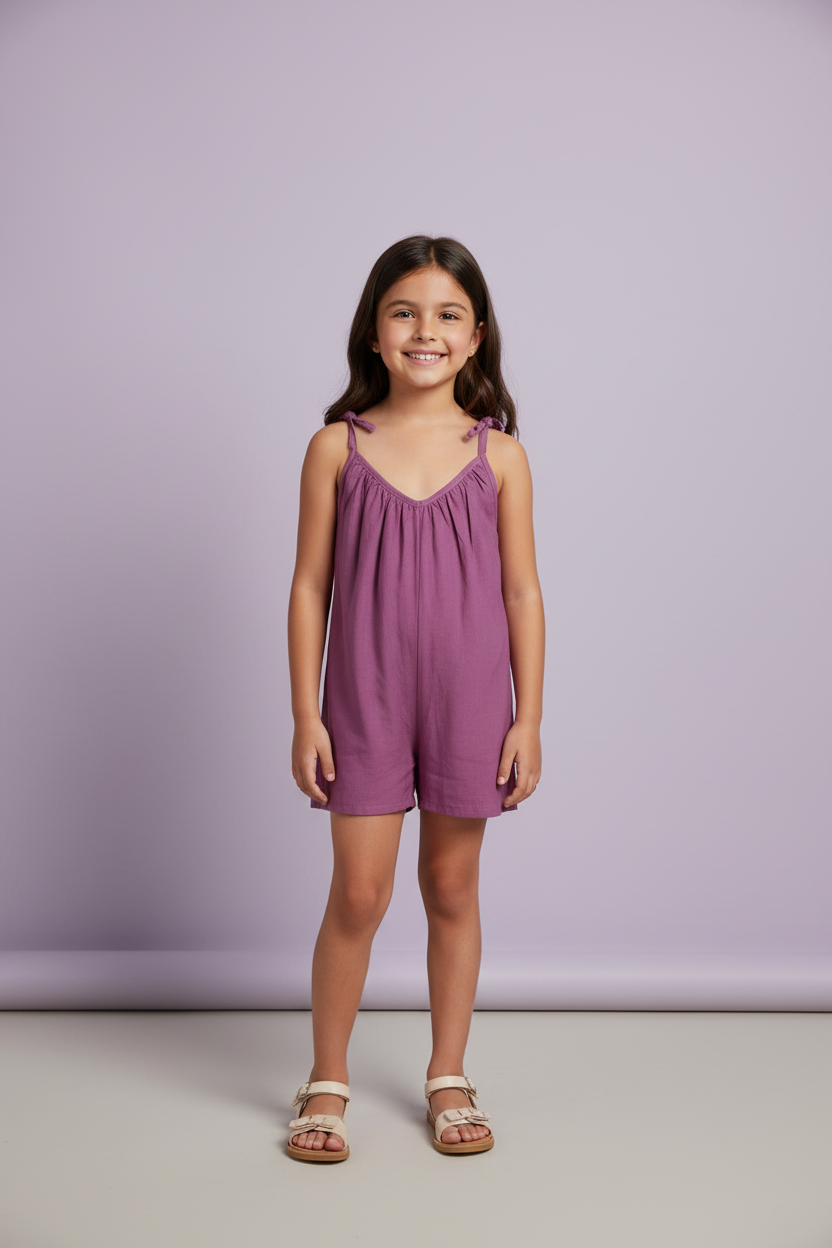Young girl wearing a purple romper against a light purple background