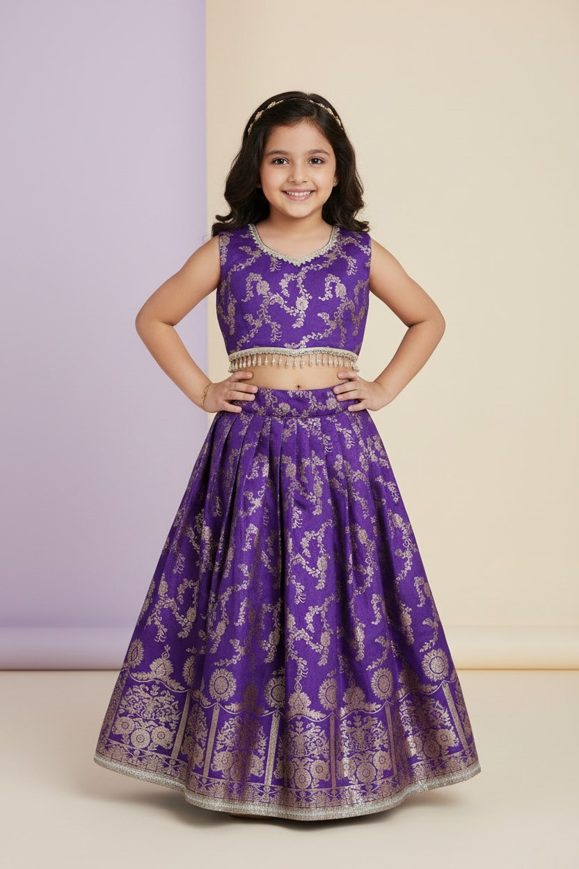 Girl Purple Banarsi Sleeveless Baby Lehnga