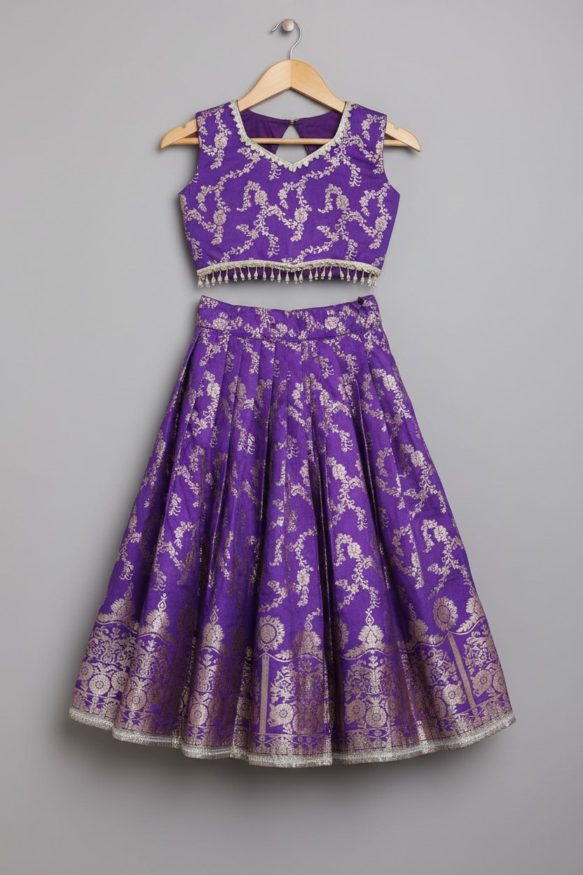 Girl Purple Banarsi Sleeveless Baby Lehnga