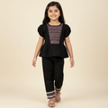 Girls black cotton blend peplum top with printed ethnic panel and pants