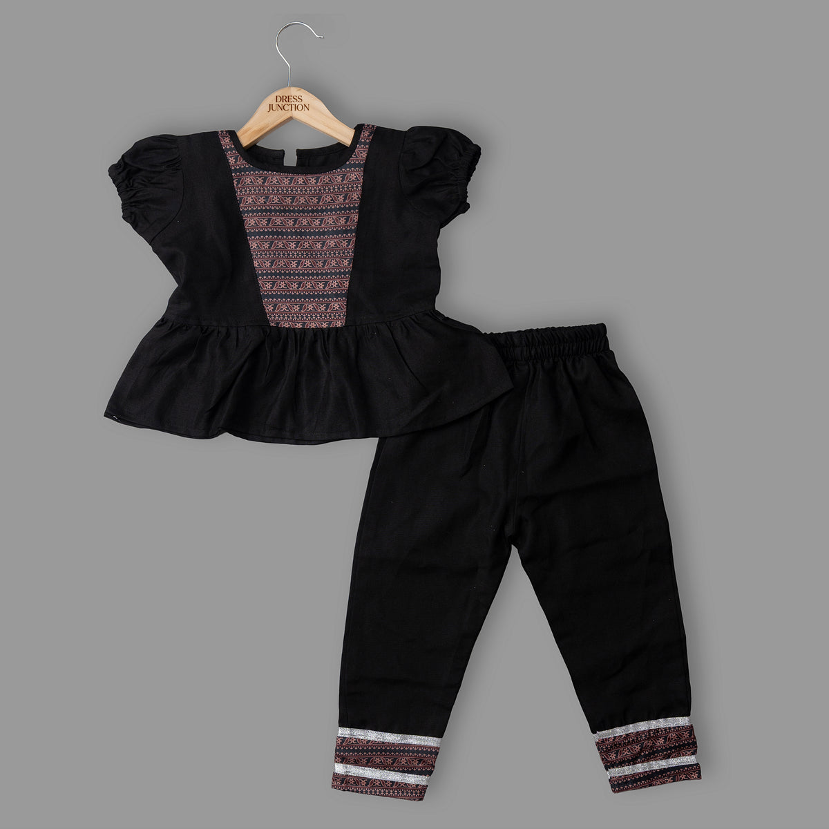 Girls black peplum top pant set - view 3