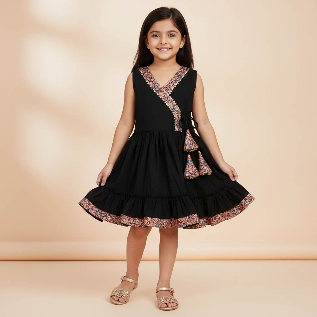 Girls black cotton viscose wrap dress with colourful printed trims and tassels