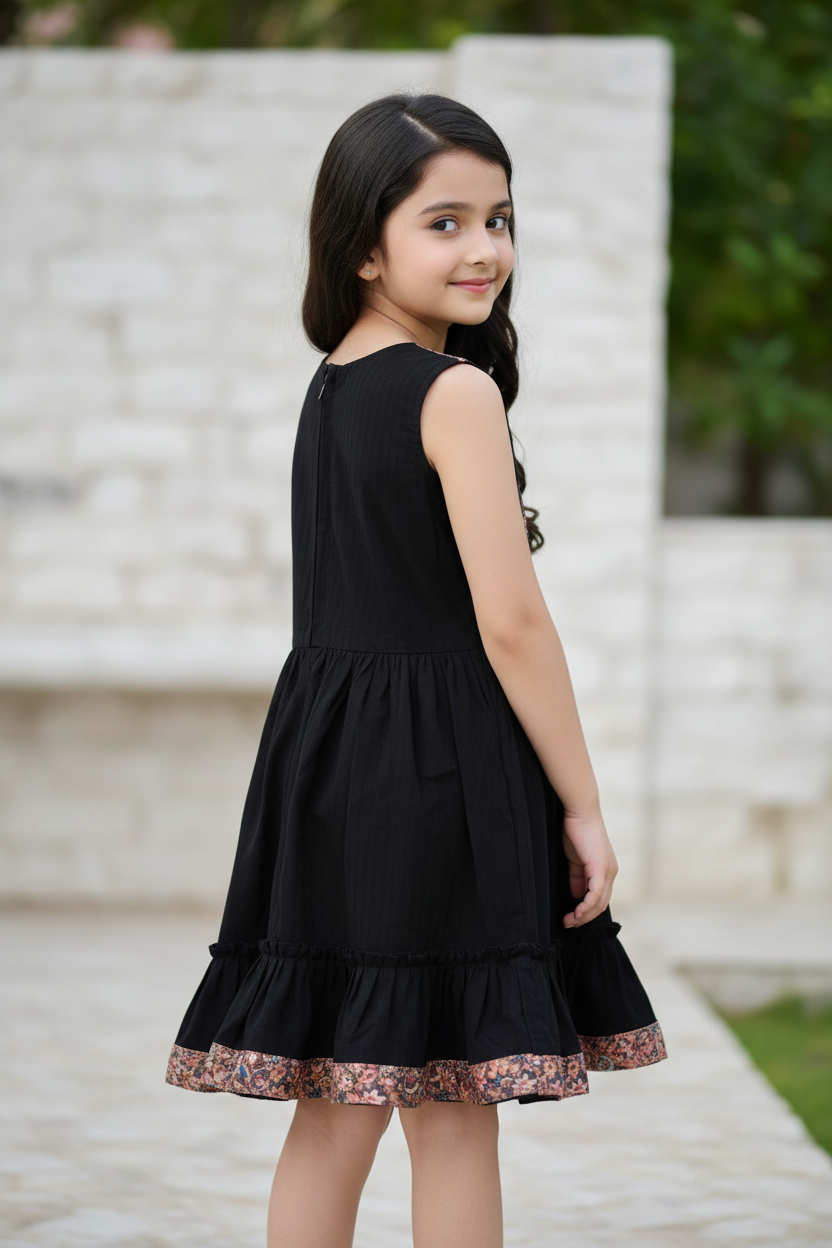 Girls black wrap dress printed trims - view 2