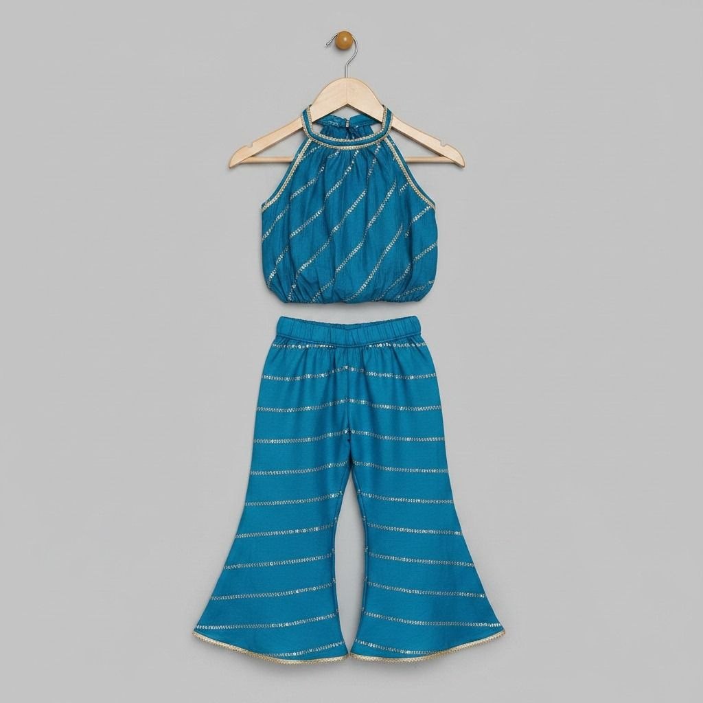 Girls Blue Silk Fabric Halter Top Bottom