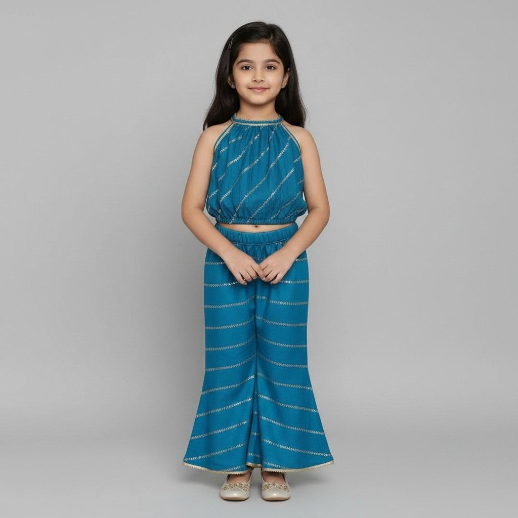 Girls Blue Silk Fabric Halter Top Bottom