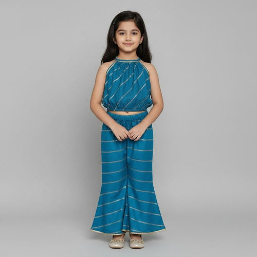 Girls Blue Silk Fabric Halter Top Bottom