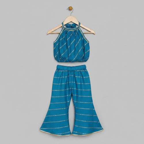 Girls blue silk halter neck top with flared bottoms