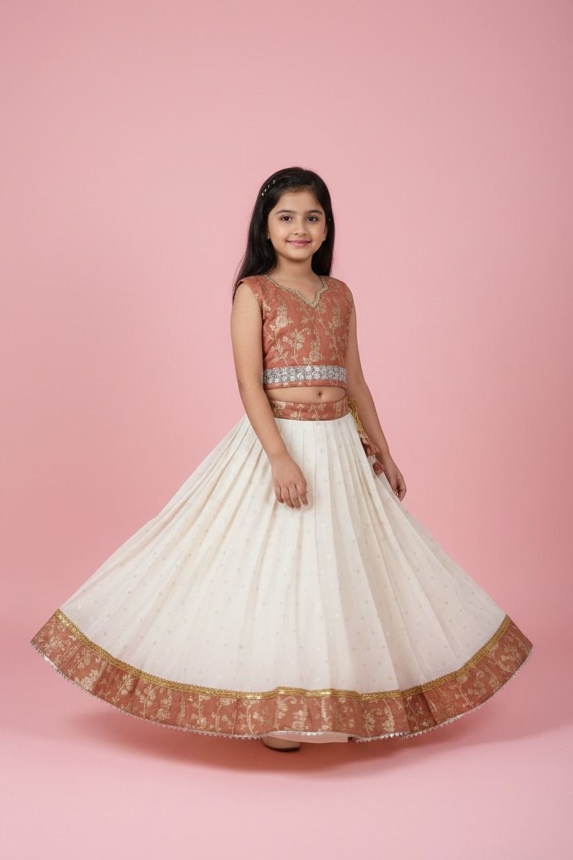 Girls Cream Premium Banarsi Embroidered Baby Lehnga