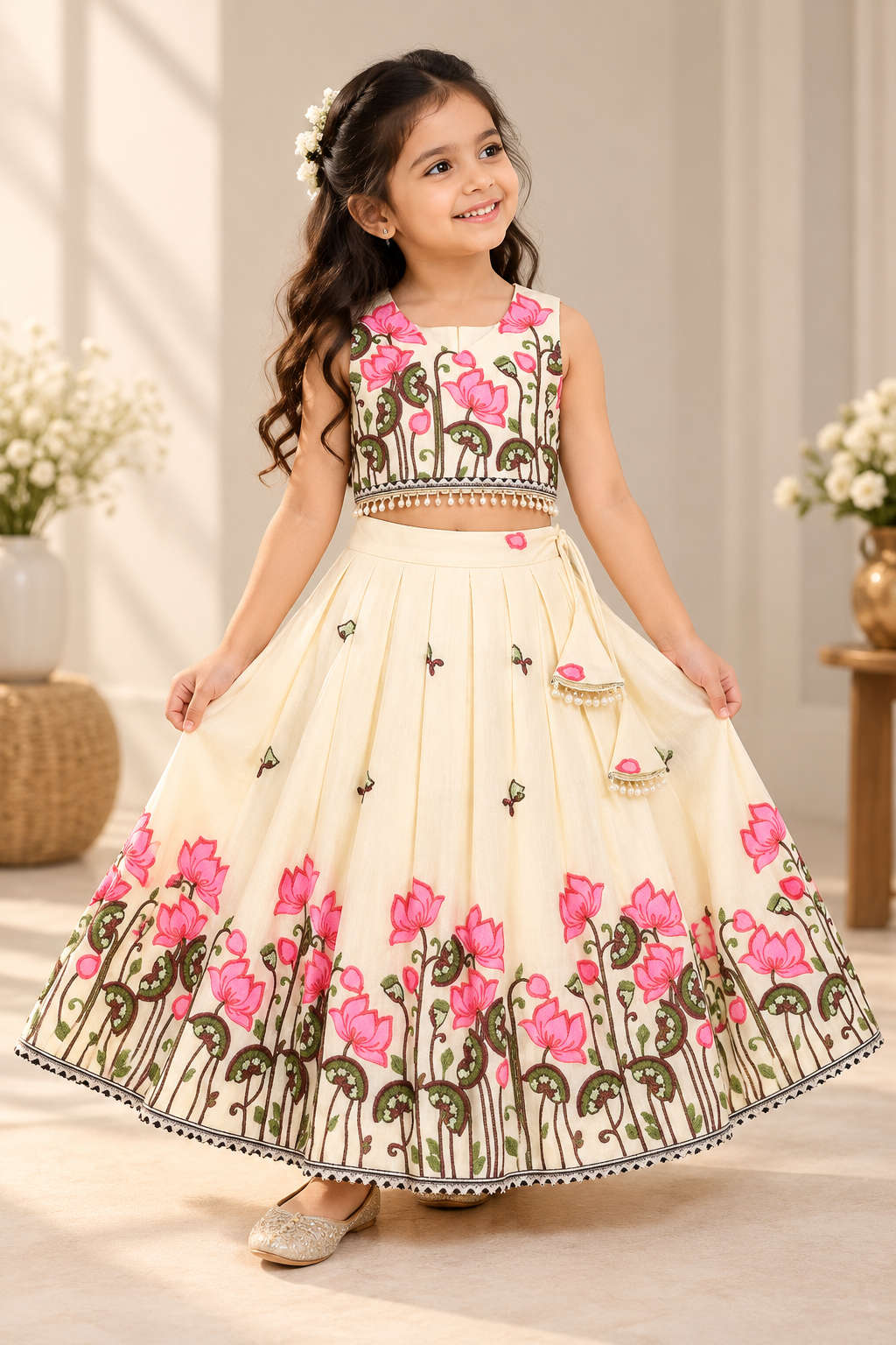 Girls cream cotton embroidered lehenga set with pink floral embroidery