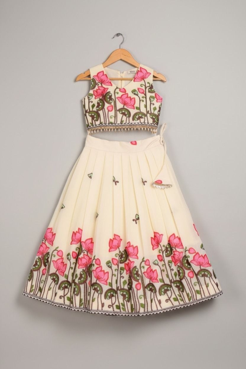 Girls cream cotton embroidered lehenga set - view 3