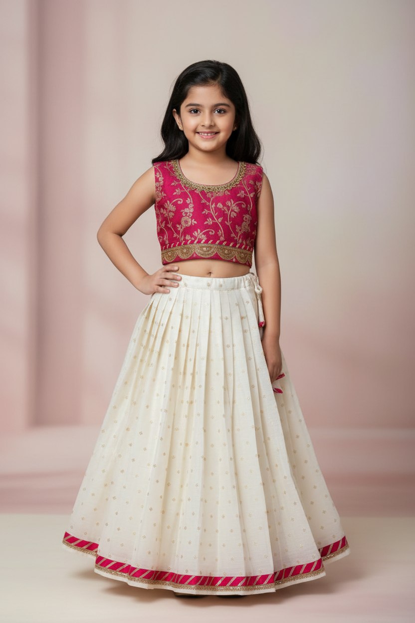Girls Cream Pink  Festive Lehnga