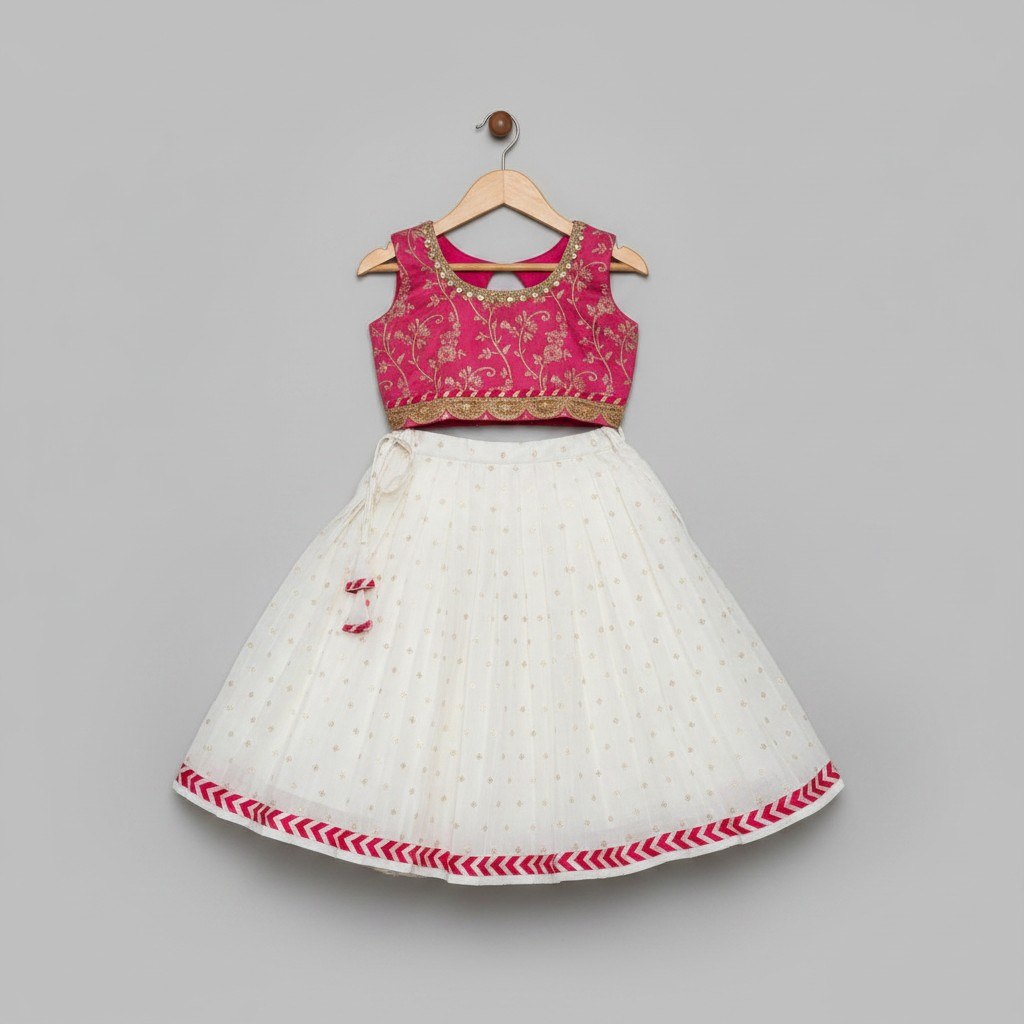 Girls Cream Pink  Festive Lehnga