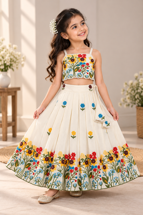 Girls cream pure cotton lehnga with floral embroidery