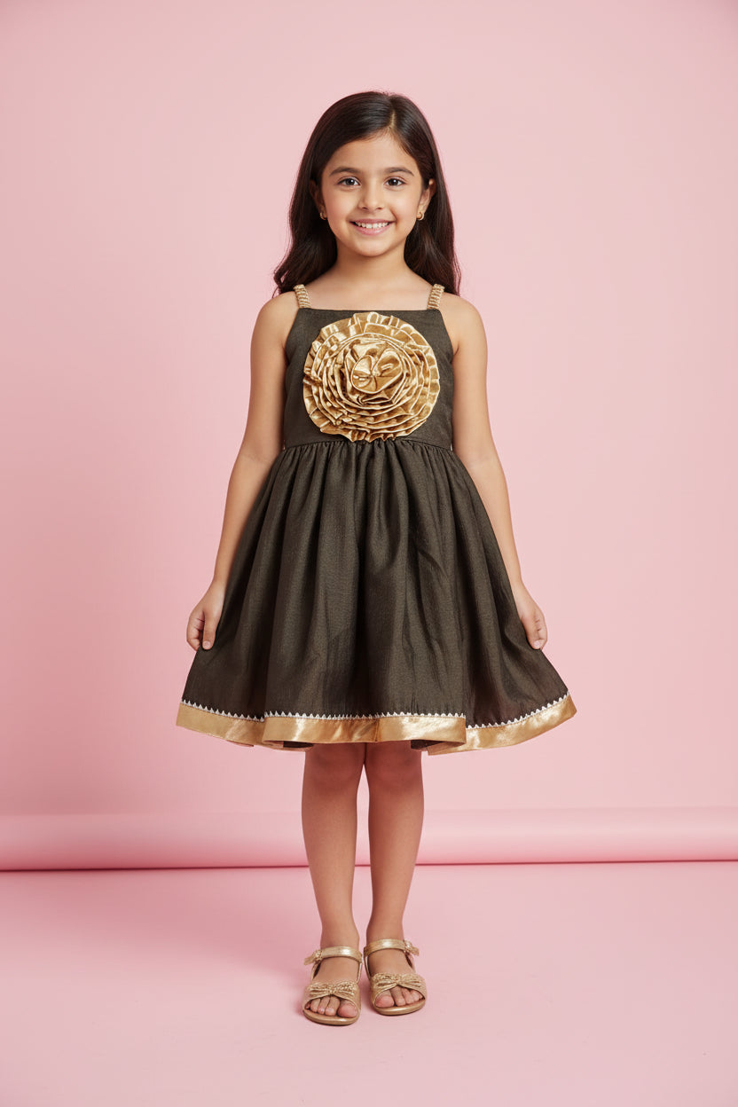 Girls dark green silk party dress with golden floral applique