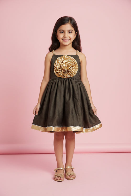 Girls dark green silk party dress with golden floral applique