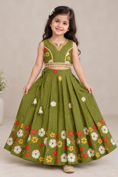 Girls embroidered cotton lehnga with V-neck bodice