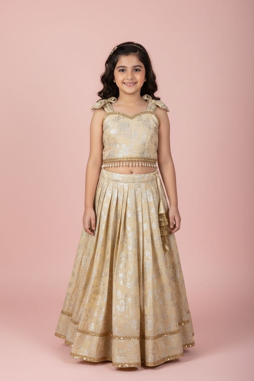 Girls Gold Premium Banarsi Lehnga with Embellishments
